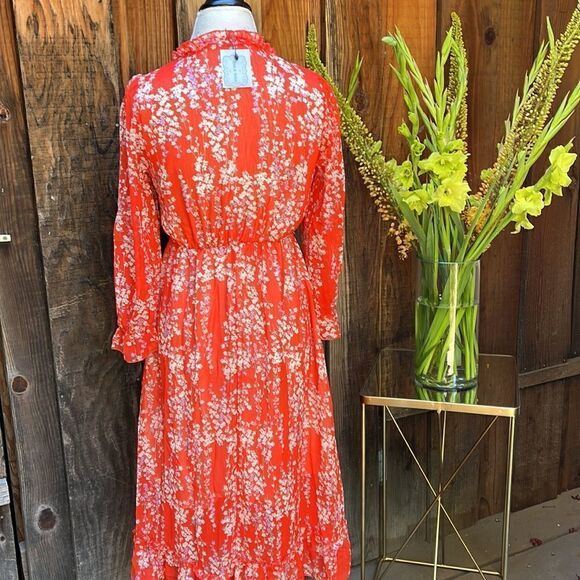 RED FLORAL RUFFLED LONG SLEEVED DRESS Size S M  BNWT - Picture 6 of 9